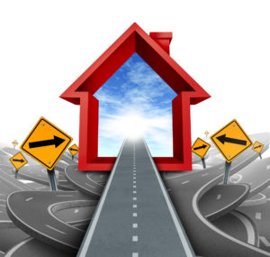 Real estate services and home buyer advice using a mortgage broker or a housing sales agent to help a family navigate through the confusing options and choices as a home icon in red with confused roads and signs.
